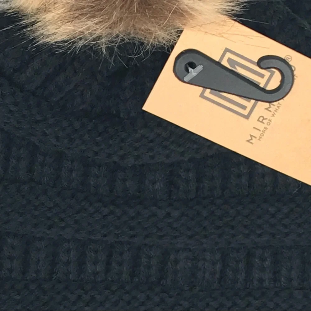 Mirmaru Knit Hat Faux Fur PomPom NWT  Black & Brown PomPom - Picture 5 of 10